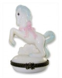 Porcelain Trinket Box - White and Blue Horse with Pink Bow